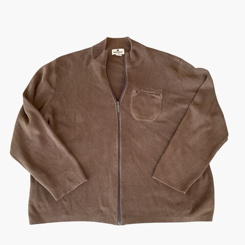 Woolrich Sweater Full Zip Pocket Cardigan Mock Neck Mens Extra Large Brown
